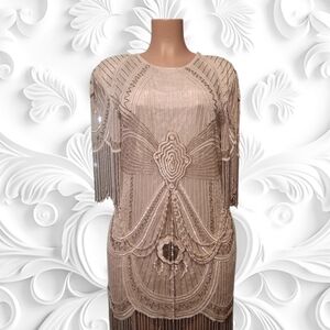 Vintage 1980's 100 Percent Silk Elegant Beaded Fringe Dress in Champagne